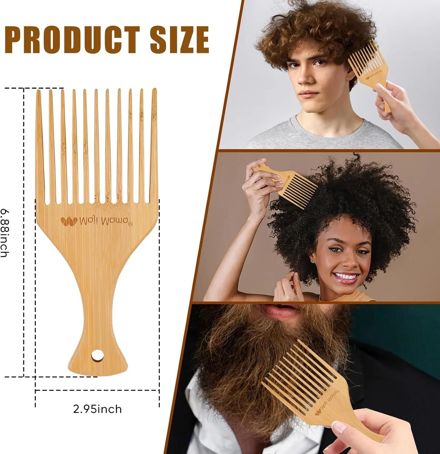 شانه چوبی دندانه پهن و باریک بامبو طبیعی ماجی ماما، مناسب موهای فر، مجعد، ضخیم و نازک، به همراه شانه دم موشی برای حالت دادن به موها، 2 عدد، مناسب آقایان و بانوان