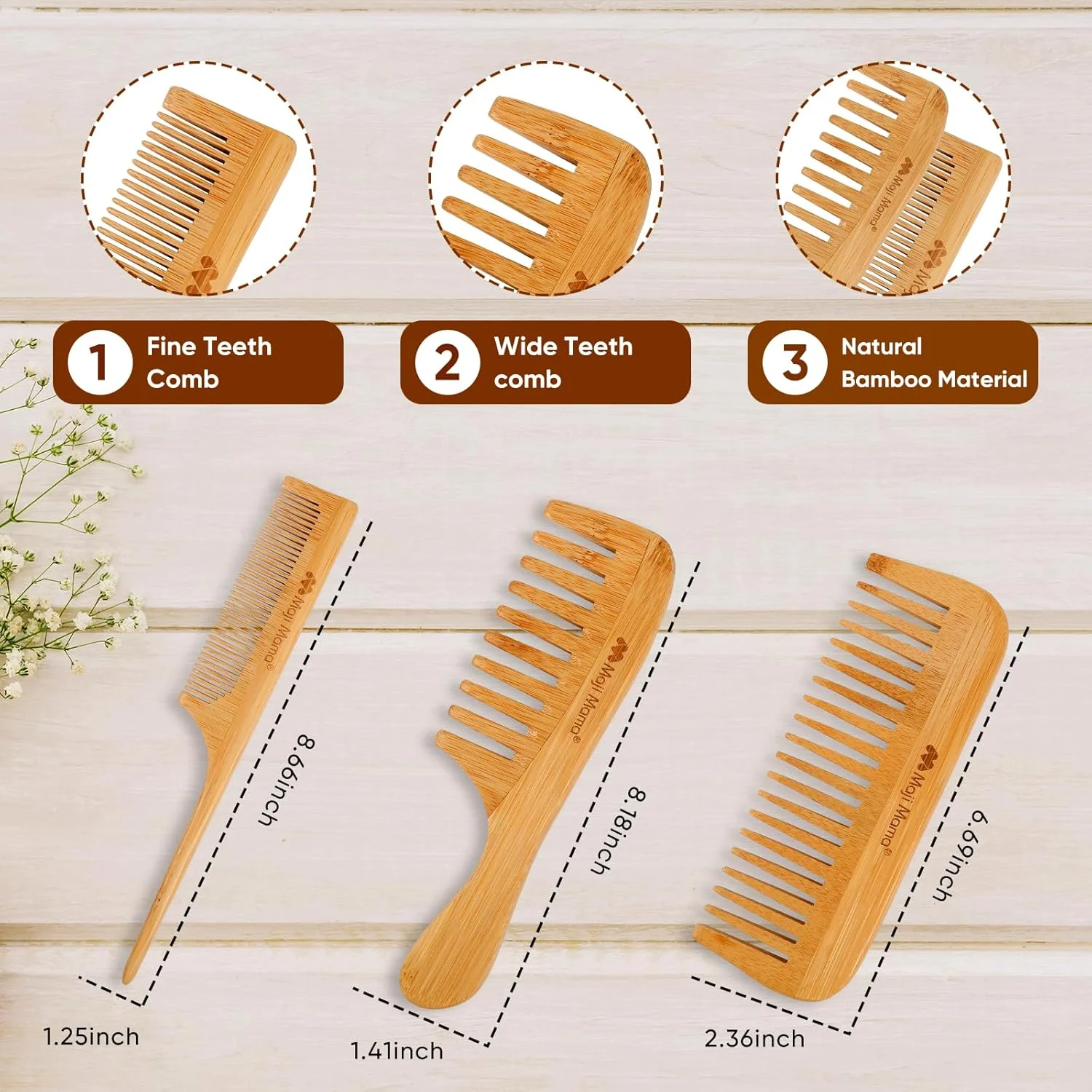 ست شانه بامبو طبیعی ماجی ماما، ضد الکتریسیته ساکن، دندانه ریز و درشت، برس چوبی برای باز کردن گره مو، حالت دادن به موهای ضخیم، نازک و صاف، برای آقایان و بانوان، شانه دم موشی برای حجم دادن و حالت دادن به مو، 3 تکه