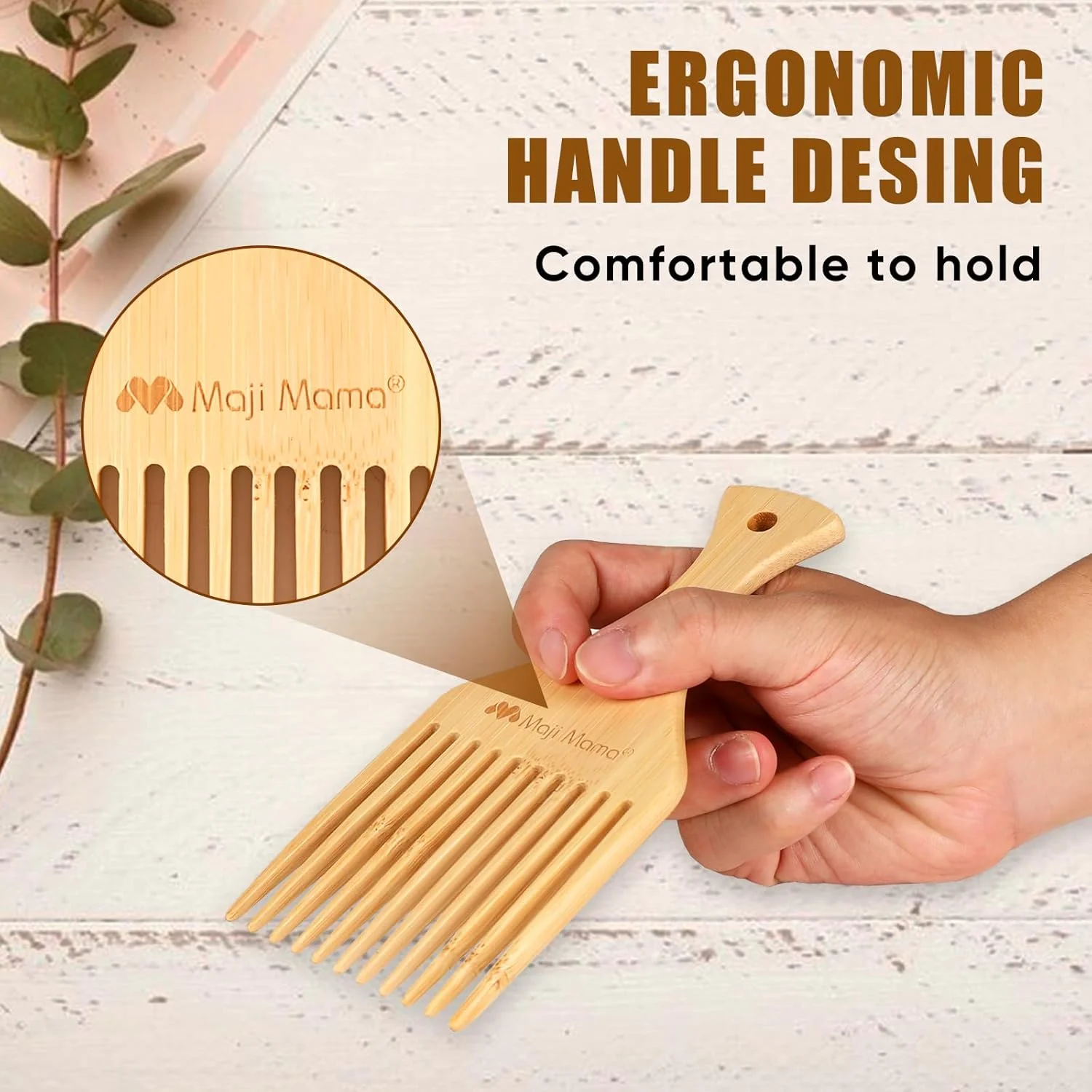 شانه چوبی دندانه پهن و باریک بامبو طبیعی ماجی ماما، مناسب موهای فر، مجعد، ضخیم و نازک، به همراه شانه دم موشی برای حالت دادن به موها، 2 عدد، مناسب آقایان و بانوان