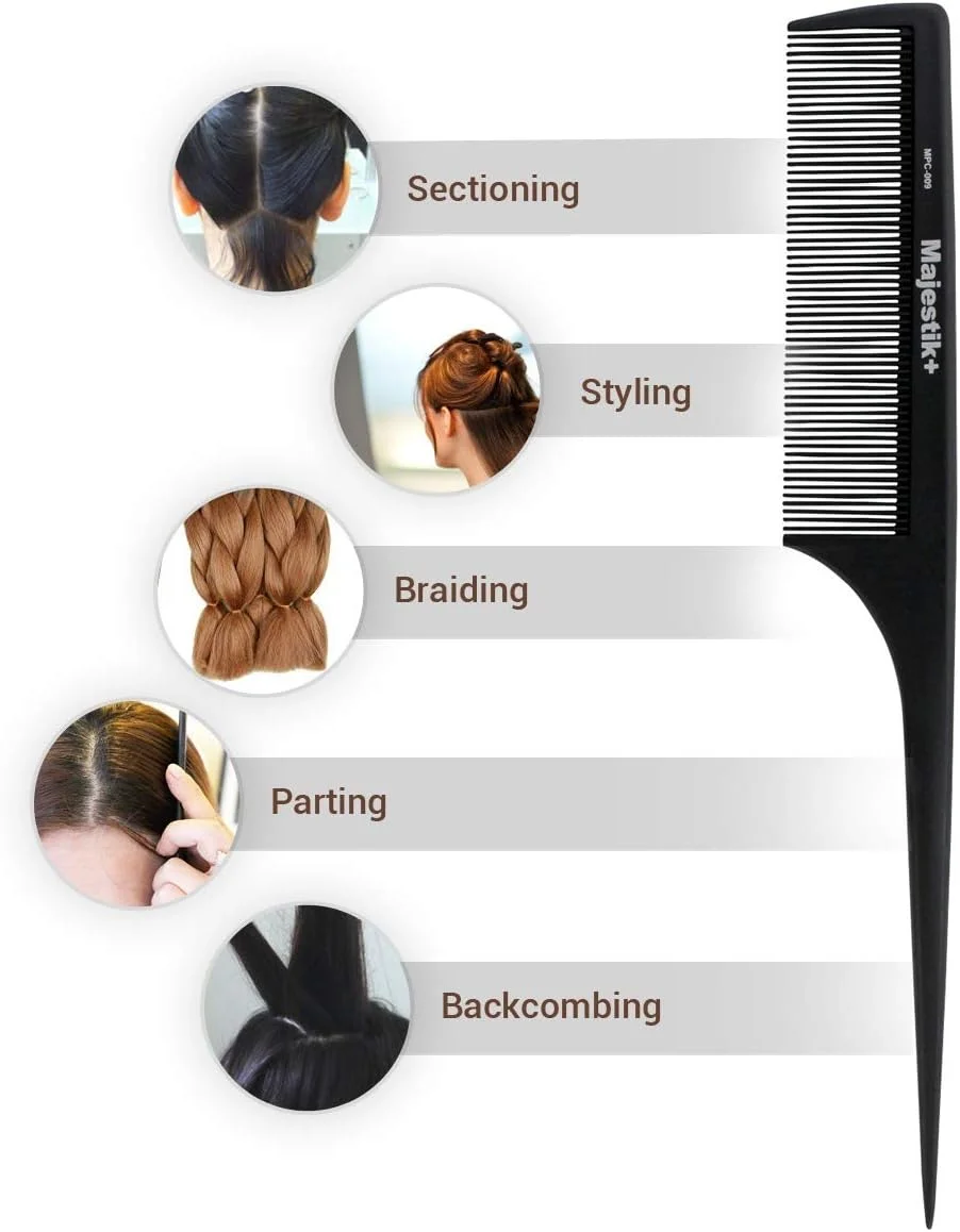 شانه دم موشی Majestik+ - شانه دم باریک حرفه ای فیبر کربنی استاندارد، ضد الکتریسیته ساکن، مقاوم در برابر حرارت، قوی و بادوام، دندانه ریز مشکی