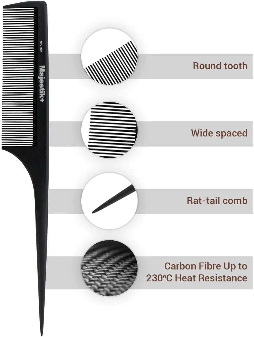 شانه دم موشی Majestik+ - شانه دم باریک حرفه ای فیبر کربنی استاندارد، ضد الکتریسیته ساکن، مقاوم در برابر حرارت، قوی و بادوام، دندانه ریز مشکی