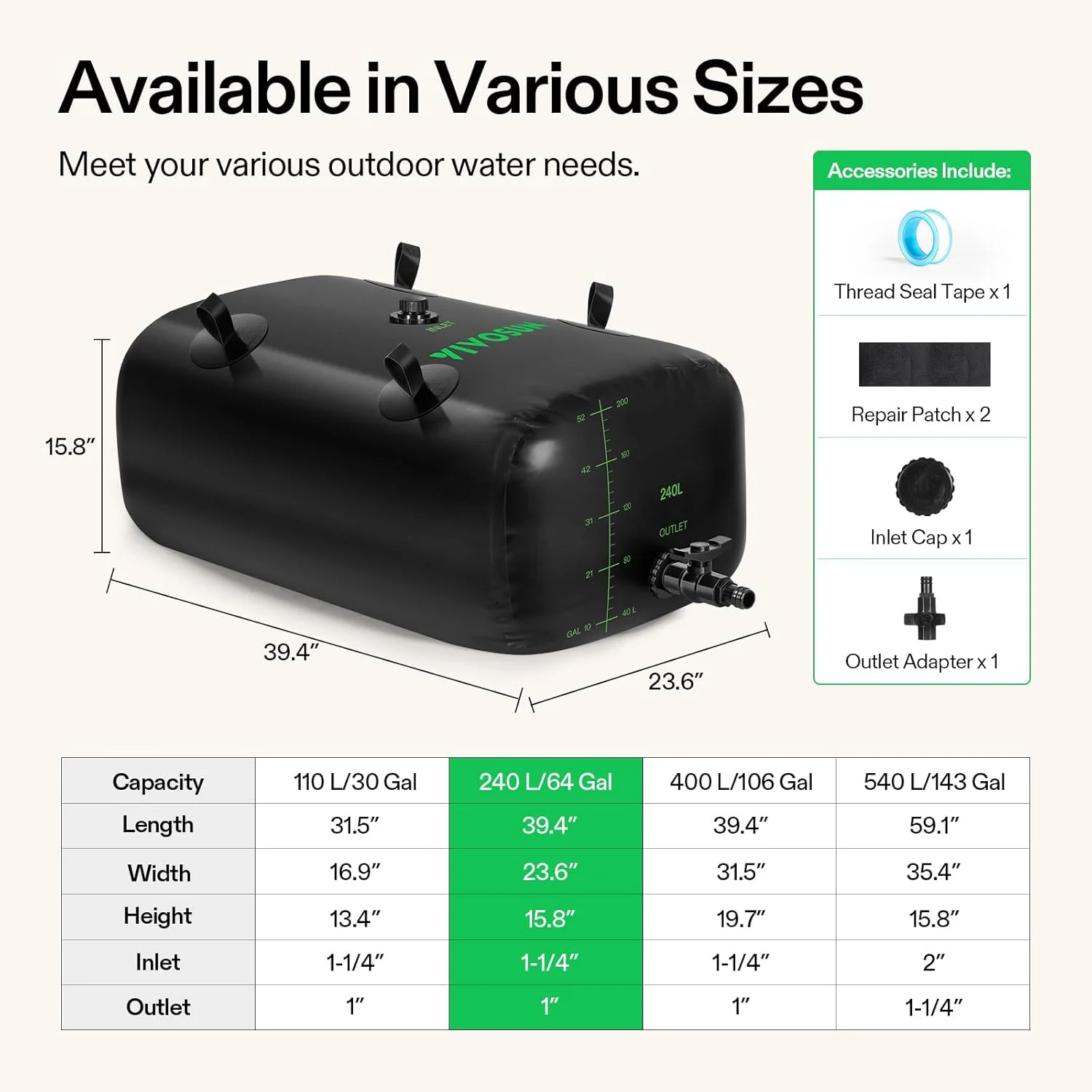 مخزن آب 240 لیتری VIVOSUN، کیسه ذخیره آب تاشو و قابل حمل برای RV، کمپینگ، آبیاری باغ، آبیاری کشاورزی، مقاومت در برابر خشکی، آتش نشانی