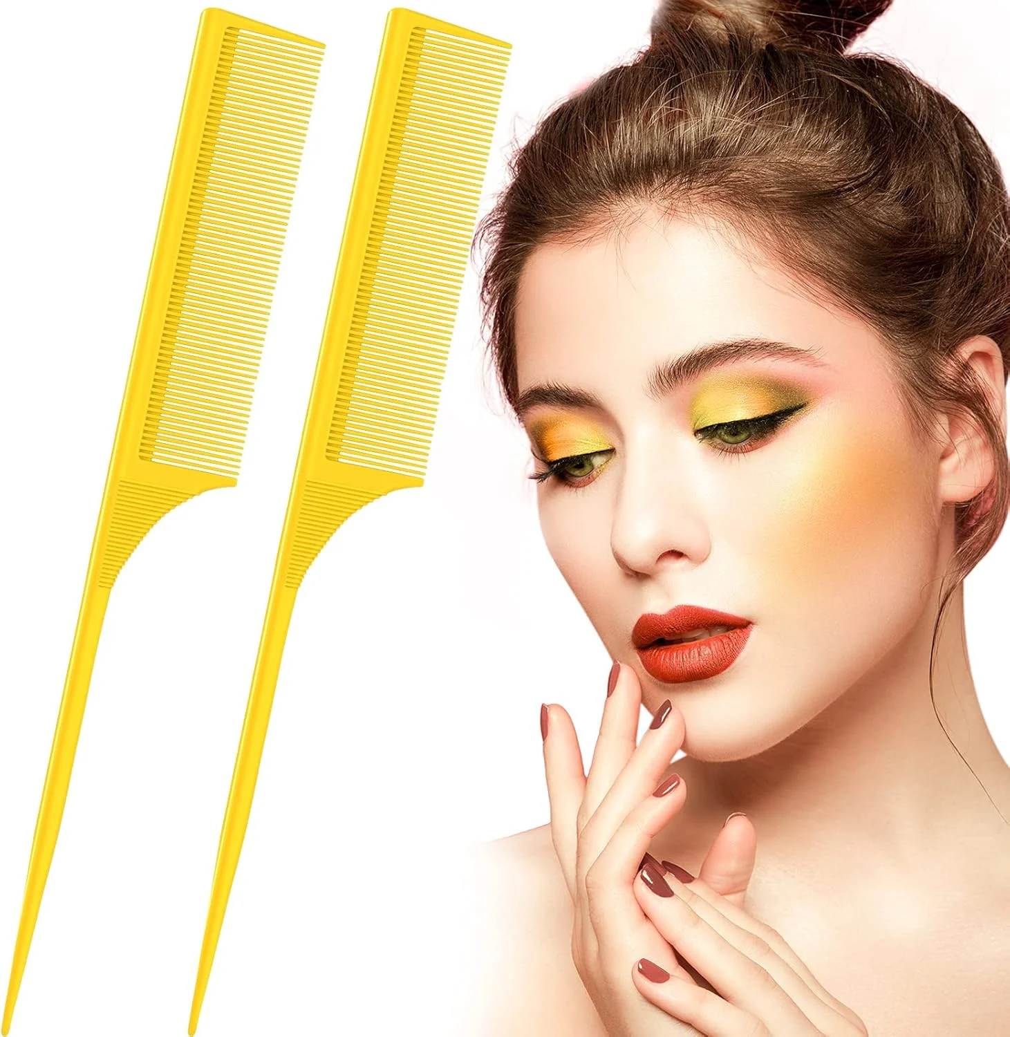 شانه دم موشی دندانه ریز Leinuosen، 2 عدد، شانه حالت دهنده فیبر کربنی، ضد الکتریسیته ساکن، مقاوم در برابر حرارت، مناسب برای حجم دادن به مو، حالت دادن شبانه، مردانه و زنانه (زرد)