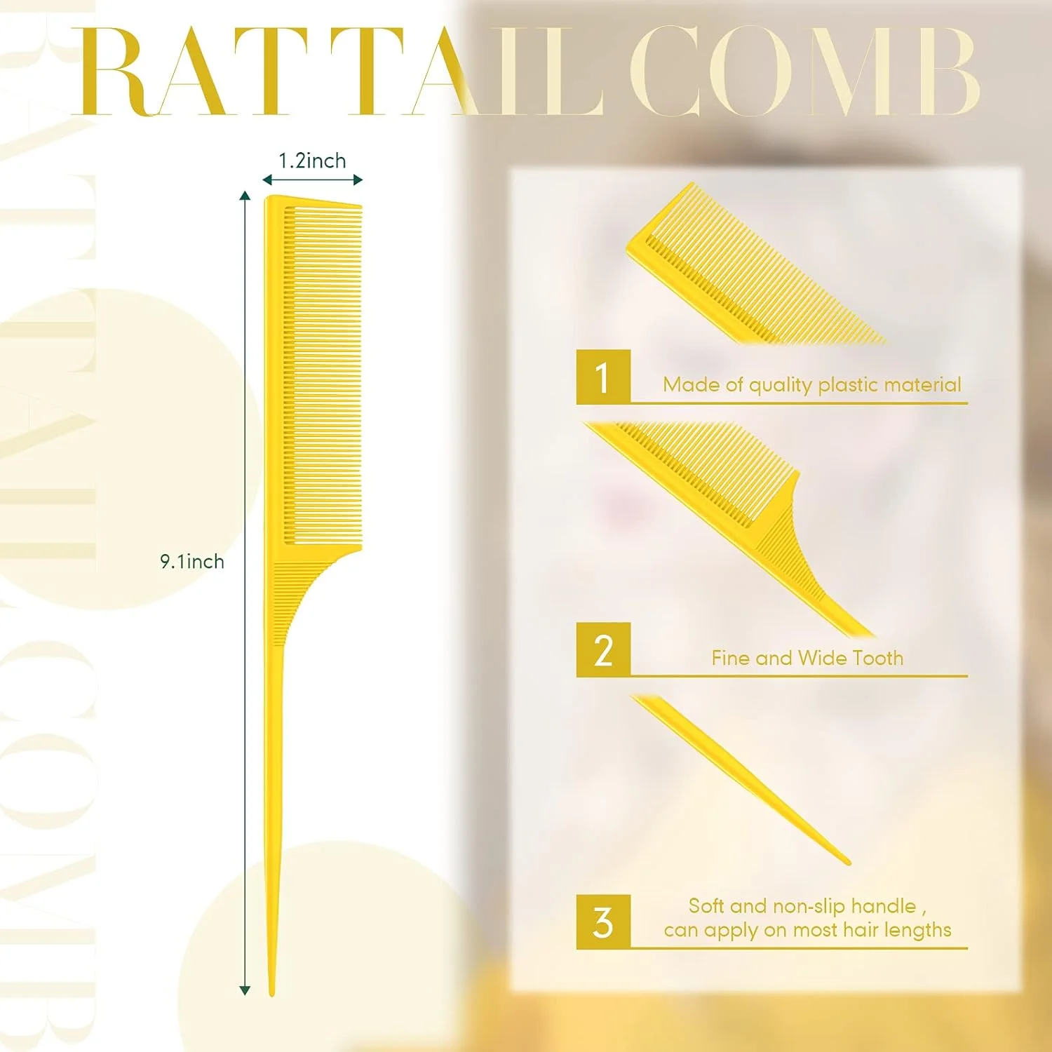 شانه دم موشی دندانه ریز Leinuosen، 2 عدد، شانه حالت دهنده فیبر کربنی، ضد الکتریسیته ساکن، مقاوم در برابر حرارت، مناسب برای حجم دادن به مو، حالت دادن شبانه، مردانه و زنانه (زرد)