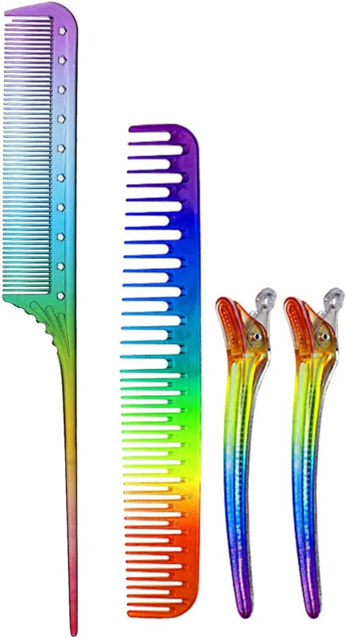 مجموعه شانه آرایشگری Labymos شامل 4 عدد شانه رنگین کمانی ماساژور، شانه دندانه ریز و پهن و شانه دم موشی به همراه 2 عدد گیره نوک اردکی