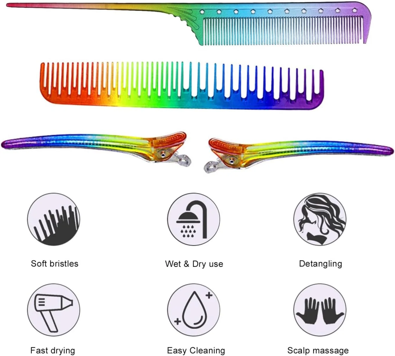 مجموعه شانه آرایشگری Labymos شامل 4 عدد شانه رنگین کمانی ماساژور، شانه دندانه ریز و پهن و شانه دم موشی به همراه 2 عدد گیره نوک اردکی