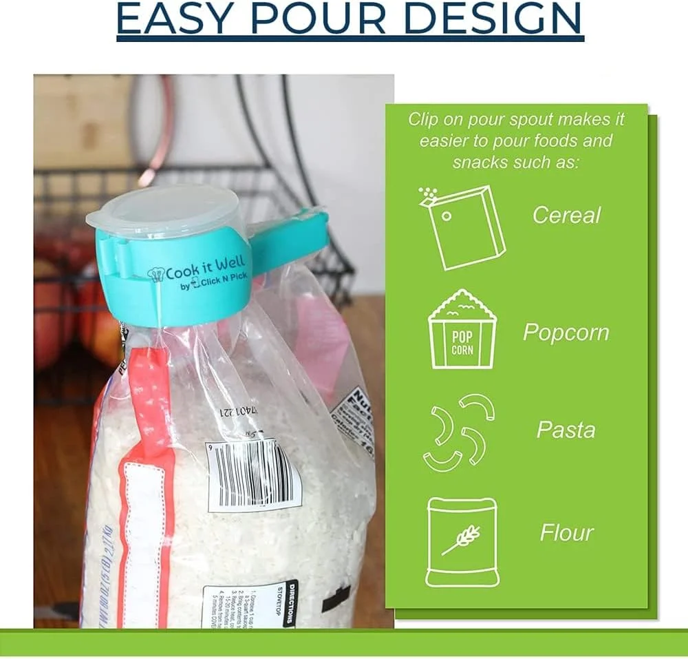 ست گیره های تخلیه آسان Cook it Well، بسته 3 عددی - گیره های دربندی کیسه مواد غذایی با دهانه خروجی برای غلات، تنقلات، چیپس، میوه های خشک و موارد دیگر - گیره های نگهداری مواد غذایی قابل استفاده مجدد و آسان - کیسه ها - یکبار مصرف - ضد آب