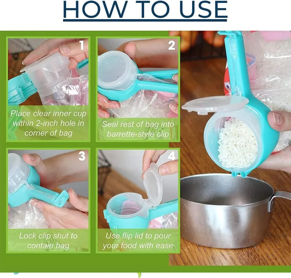 ست گیره های تخلیه آسان Cook it Well، بسته 3 عددی - گیره های دربندی کیسه مواد غذایی با دهانه خروجی برای غلات، تنقلات، چیپس، میوه های خشک و موارد دیگر - گیره های نگهداری مواد غذایی قابل استفاده مجدد و آسان - کیسه ها - یکبار مصرف - ضد آب