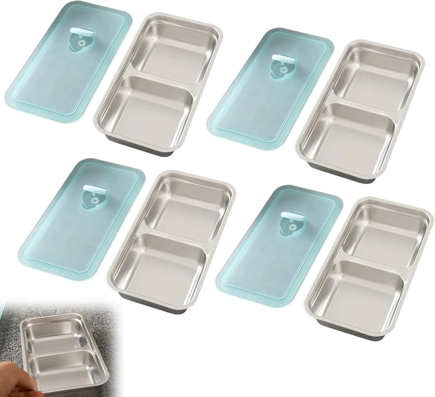 ظروف اسنک 4 عددی، ظروف اسنک دو محفظه ای استیل ضد زنگ قابل استفاده مجدد، ظروف چاشنی قابل استفاده مجدد با درب، اسنک، دیپ، بیرون بر، مسافرت و کمپینگ در فضای باز