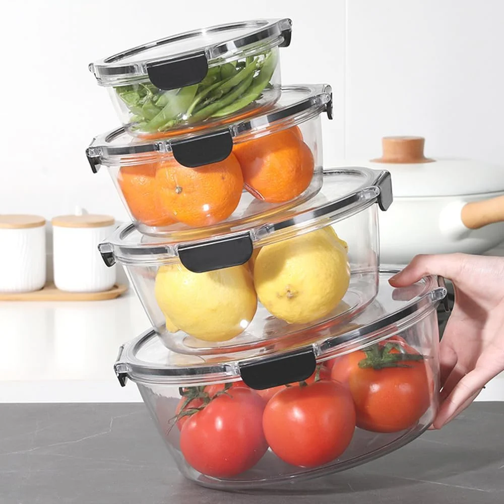 ست 4 تکه ظروف نگهداری مواد غذایی HEXAR®، ظروف نگهداری آشپزخانه PET با درب، ضد هوا و ضد نشت، قابل چیدن، ایده آل برای آماده سازی غذا، باقیمانده غذا و سازماندهی آشپزخانه