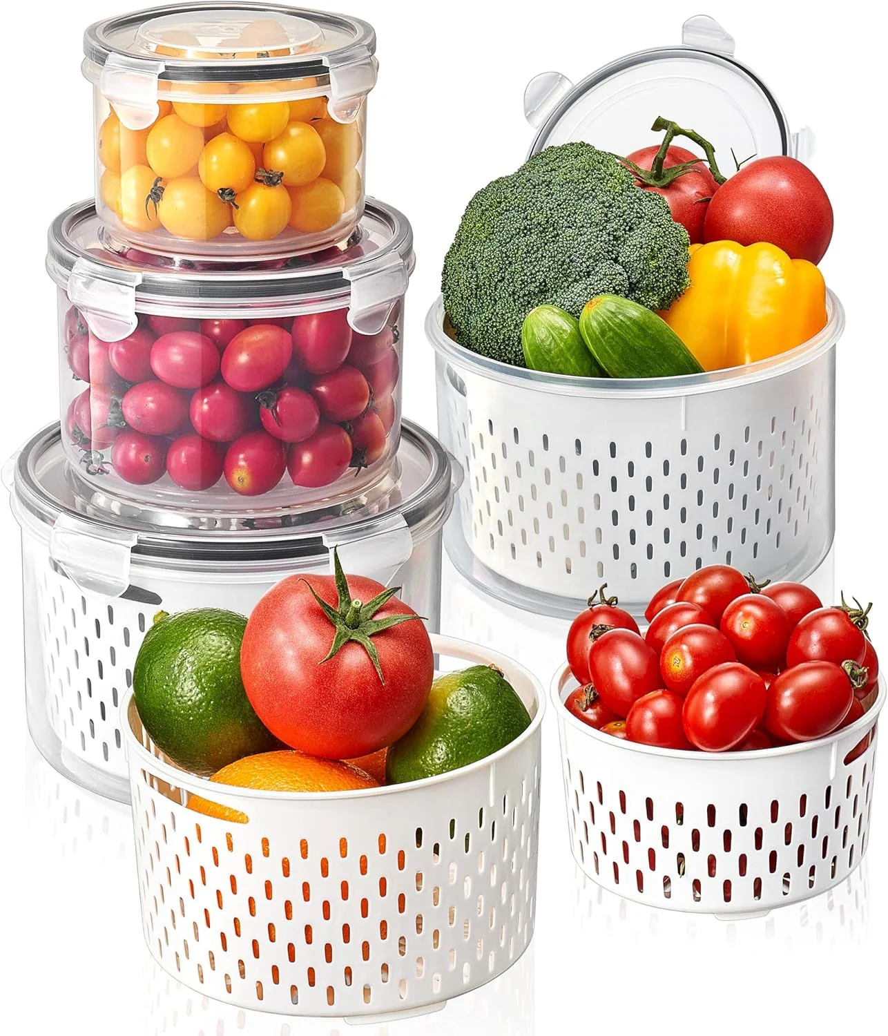 ظروف نگهداری میوه برای یخچال با آبکش های جداشدنی، ظروف سازمان دهنده ضد نشت یخچال، ظروف نگهداری مواد غذایی بدون BPA برای تازه نگه داشتن میوه ها، سبزیجات، انواع توت ها، گوشت (4 عدد)