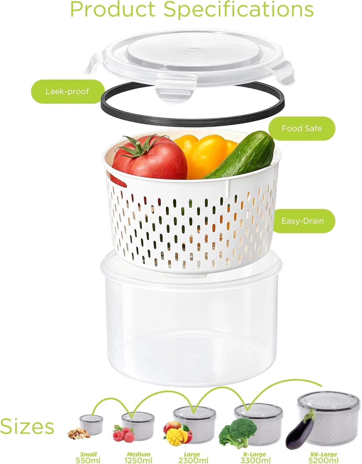 ظروف نگهداری میوه برای یخچال با آبکش های جداشدنی، ظروف سازمان دهنده ضد نشت یخچال، ظروف نگهداری مواد غذایی بدون BPA برای تازه نگه داشتن میوه ها، سبزیجات، انواع توت ها، گوشت (4 عدد)