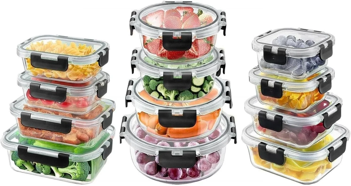 ست 12 تایی ظروف شیشه ای آماده سازی غذا، ظروف نگهداری مواد غذایی شیشه ای با درب، جعبه های بنتو ناهار قابل استفاده مجدد و ضد نشت، مناسب فریزر، مایکروویو و ماشین ظرفشویی