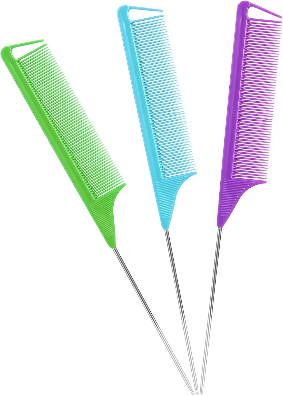 شانه دم موشی کونیهیکو: ست 3 عددی شانه دم موشی، شانه پوش دهنده دم باریک با پین فلزی بلند، شانه مو برای آرایشگر سالن، شانه دم باریک فلزی، شانه فرق بازکن زنانه (بنفش|سبز|آبی)