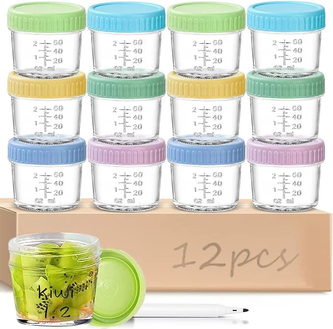 بسته 12 عددی ظروف شیشه ای 120 میلی لیتری غذا با درب، ظرف سس کوچک ضد نشت، ظرف غذای کودک بدون BPA، شیشه شیشه ای برای مربا عسل قابل شستشو در ماشین ظرفشویی، قابل استفاده در مایکروویو و فریزر
