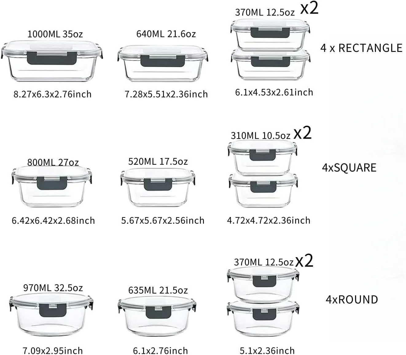 ست 12 تایی ظروف شیشه ای آماده سازی غذا، ظروف نگهداری مواد غذایی شیشه ای با درب، جعبه های بنتو ناهار قابل استفاده مجدد و ضد نشت، مناسب فریزر، مایکروویو و ماشین ظرفشویی