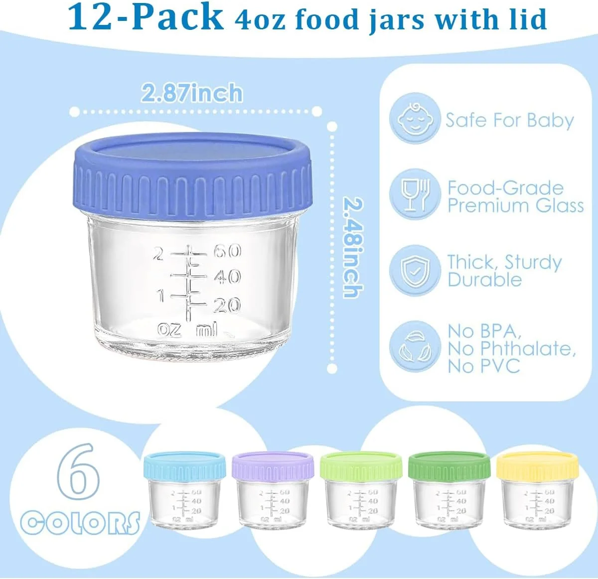 بسته 12 عددی ظروف شیشه ای 120 میلی لیتری غذا با درب، ظرف سس کوچک ضد نشت، ظرف غذای کودک بدون BPA، شیشه شیشه ای برای مربا عسل قابل شستشو در ماشین ظرفشویی، قابل استفاده در مایکروویو و فریزر