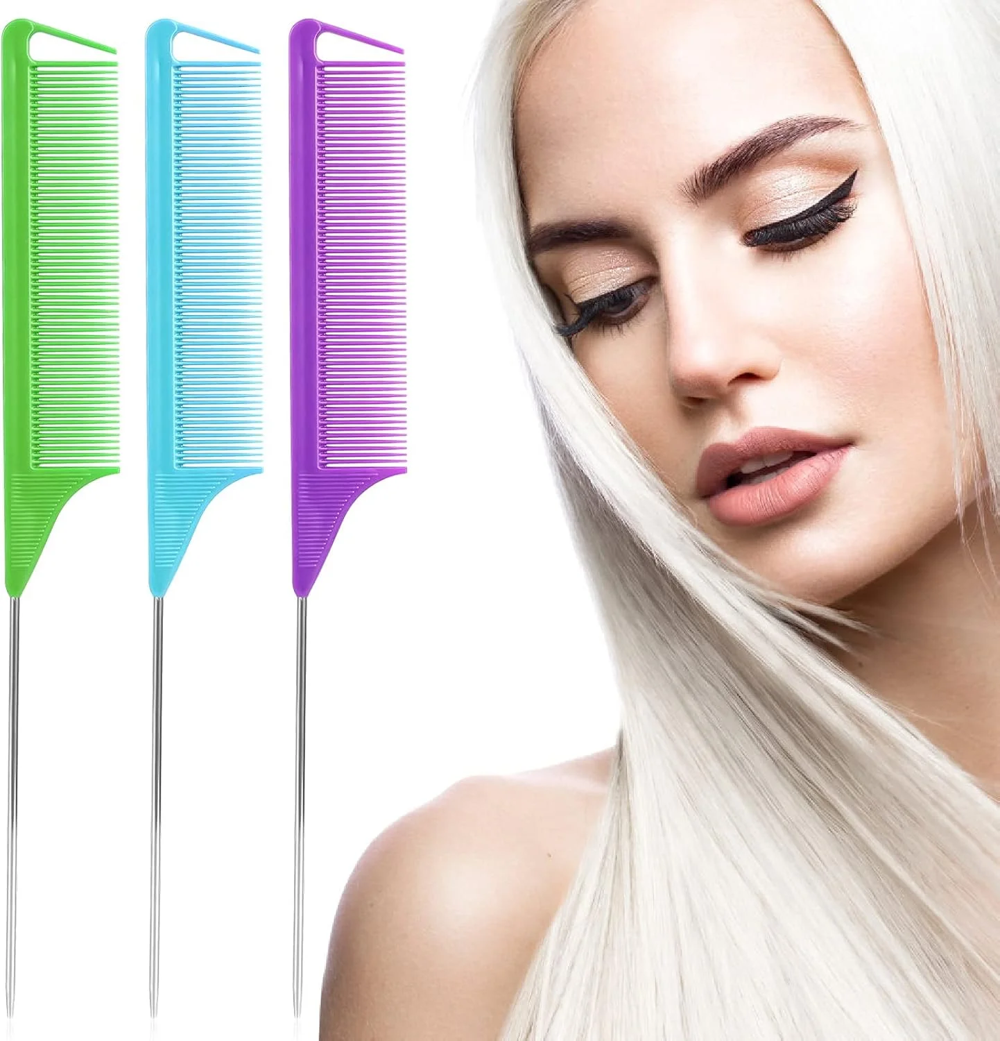 شانه دم موشی کونیهیکو: ست 3 عددی شانه دم موشی، شانه پوش دهنده دم باریک با پین فلزی بلند، شانه مو برای آرایشگر سالن، شانه دم باریک فلزی، شانه فرق بازکن زنانه (بنفش|سبز|آبی)