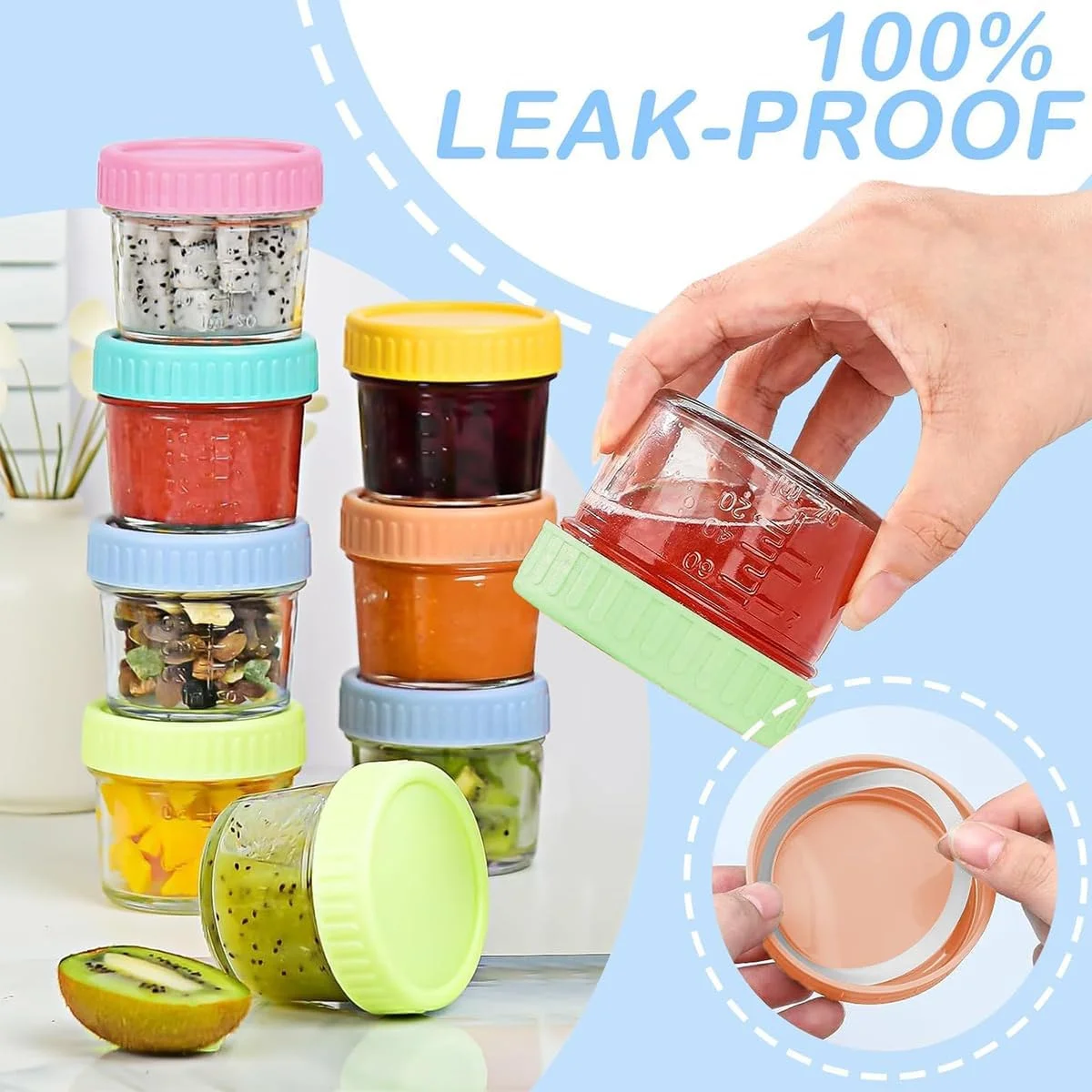 بسته 12 عددی ظروف شیشه ای 120 میلی لیتری غذا با درب، ظرف سس کوچک ضد نشت، ظرف غذای کودک بدون BPA، شیشه شیشه ای برای مربا عسل قابل شستشو در ماشین ظرفشویی، قابل استفاده در مایکروویو و فریزر