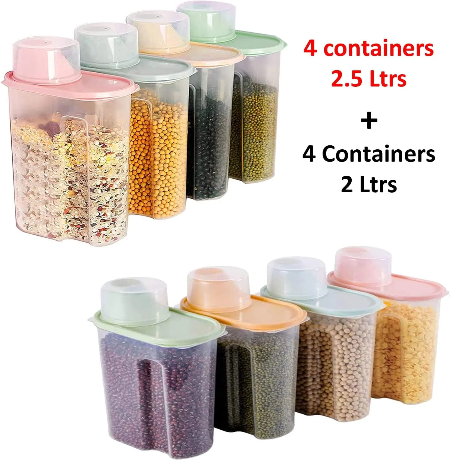 ست ظروف غلات 8 عددی PREMIFY | 4 عدد ظرف 2.5 لیتری + 4 عدد ظرف نگهداری مواد غذایی 2 لیتری درب دار | سطل/دیسپنسر نگهداری برنج پلاستیکی بدون BPA + پیمانه اندازه گیری و دهانه خروجی