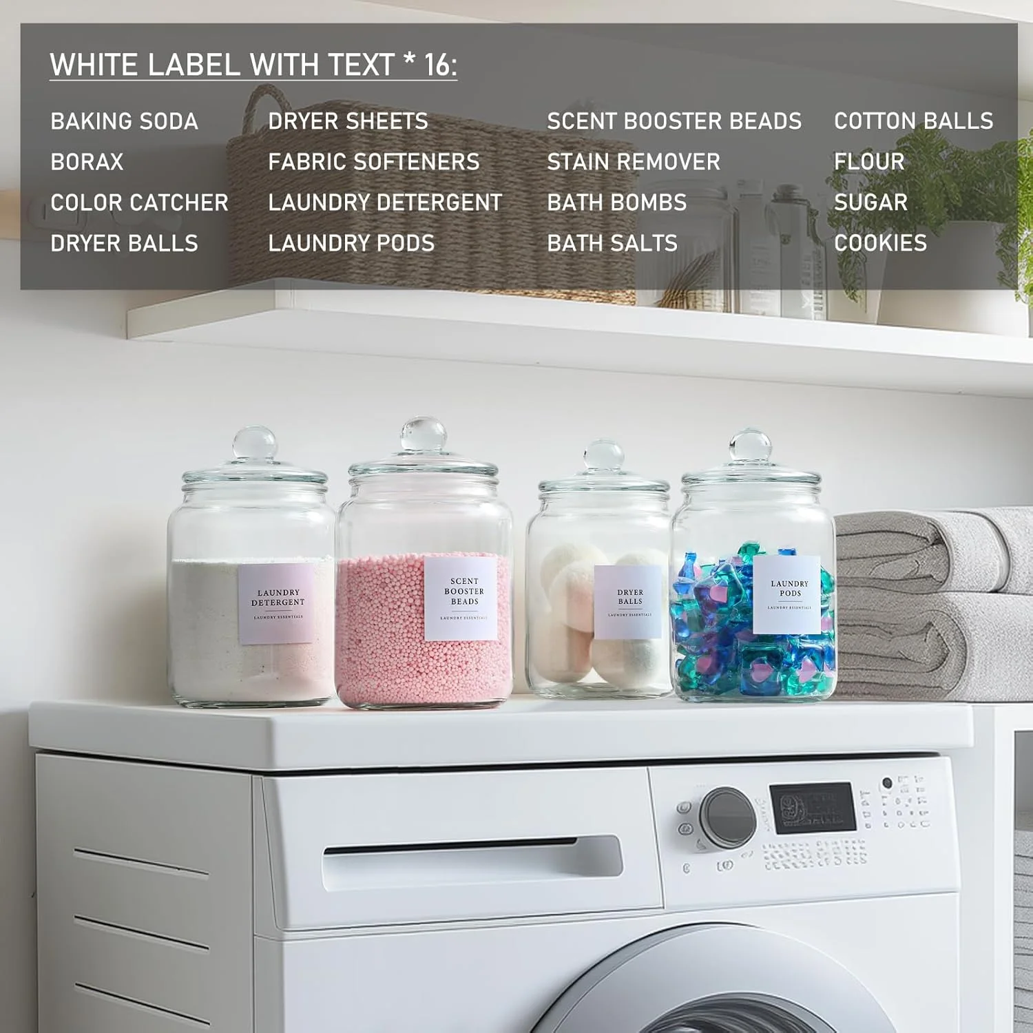 ست 4 عددی شیشه های درب دار به همراه برچسب، ظروف شیشه ای برای نظم دهی و نگهداری در رختشورخانه، ظروف شیشه ای نیم گالن درب دار مناسب مایع لباسشویی، پودر، خوشبو کننده، به همراه 4 عدد قاشق