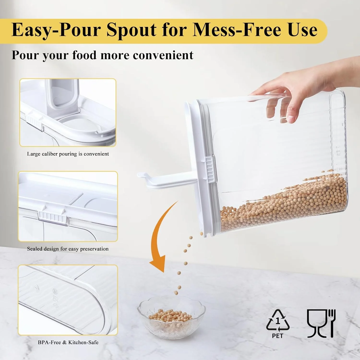 ظروف نگهداری غلات درب دار با خروجی آسان ریزش، PET شفاف بدون BPA، مناسب برای غلات، برنج، آرد و شکر، ظروف نگهداری مواد غذایی قابل چیدن برای صرفه جویی در فضا، سازمان دهنده آشپزخانه با شستشوی آسان (2 عدد)