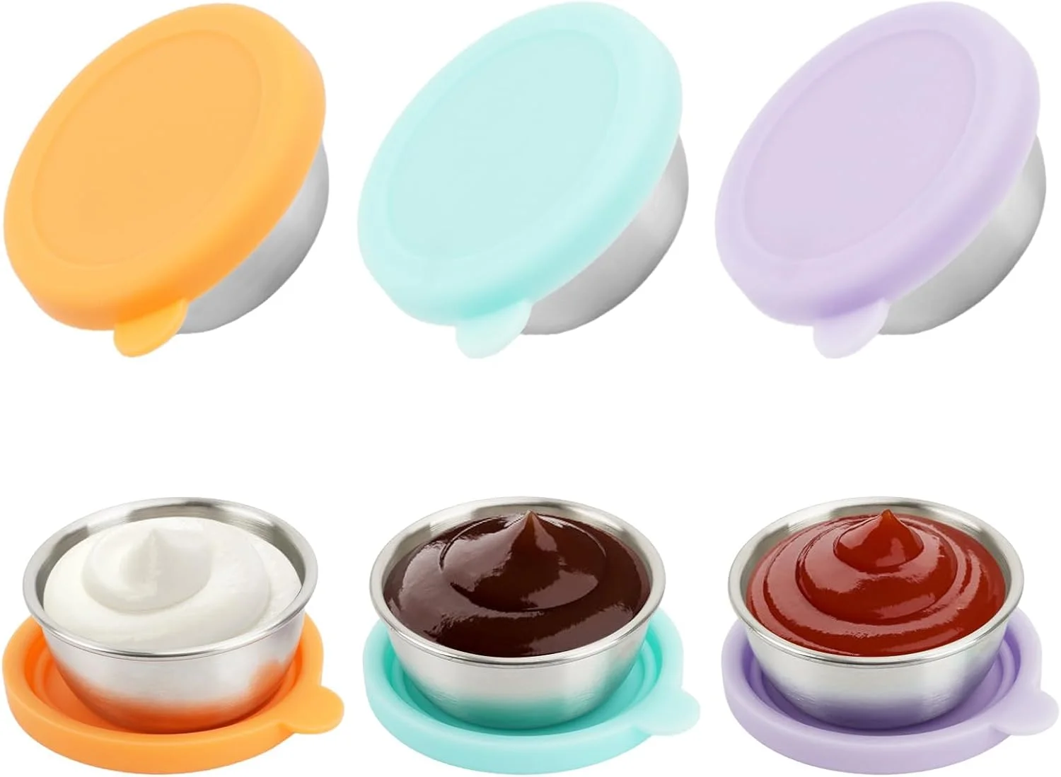 ظروف کوچک غذا 3 عددی، ظرف سس سالاد 50 میلی لیتری برای جعبه ناهار، ظرف سس کوچک استیل ضد زنگ با درب سیلیکونی ضد نشت، ظرف تنقلات کوچک برای کودکان، ظروف نگهداری غذا برای مدرسه، مسافرت