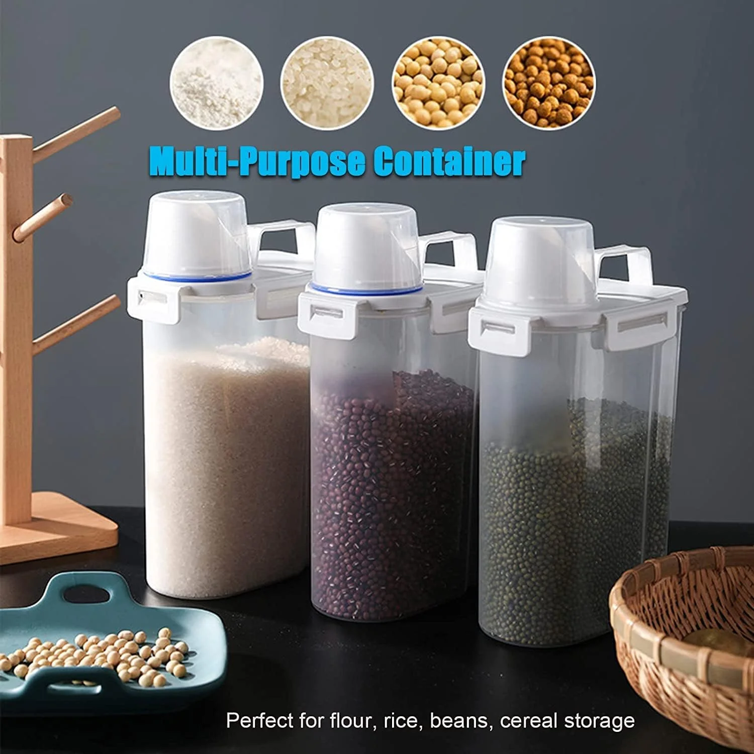 ست ظروف نگهداری غلات پریمیفای 2 عددی | ظرف نگهداری مواد غذایی 2.5 لیتری / 2 کیلوگرمی با درب محکم | سطل/دیسپنسر نگهداری برنج پلاستیکی بدون BPA + پیمانه اندازه گیری و دهانه خروجی