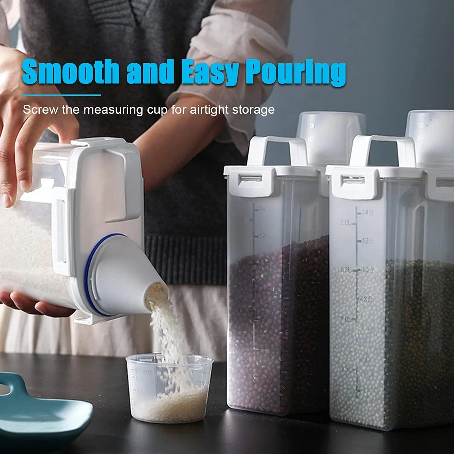 ست ظروف نگهداری غلات پریمیفای 2 عددی | ظرف نگهداری مواد غذایی 2.5 لیتری / 2 کیلوگرمی با درب محکم | سطل/دیسپنسر نگهداری برنج پلاستیکی بدون BPA + پیمانه اندازه گیری و دهانه خروجی