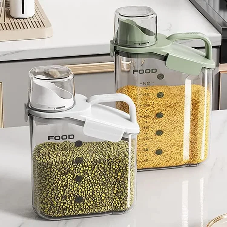 ست 3 تکه ظروف نگهداری غلات پریمیفای | ظرف نگهداری مواد غذایی با کیفیت عالی و ظرفیت 2.8 لیتر / 2.8 کیلوگرم | سطل/دیسپنسر نگهداری برنج پلاستیکی بدون BPA + پیمانه اندازه گیری و دهانه خروجی