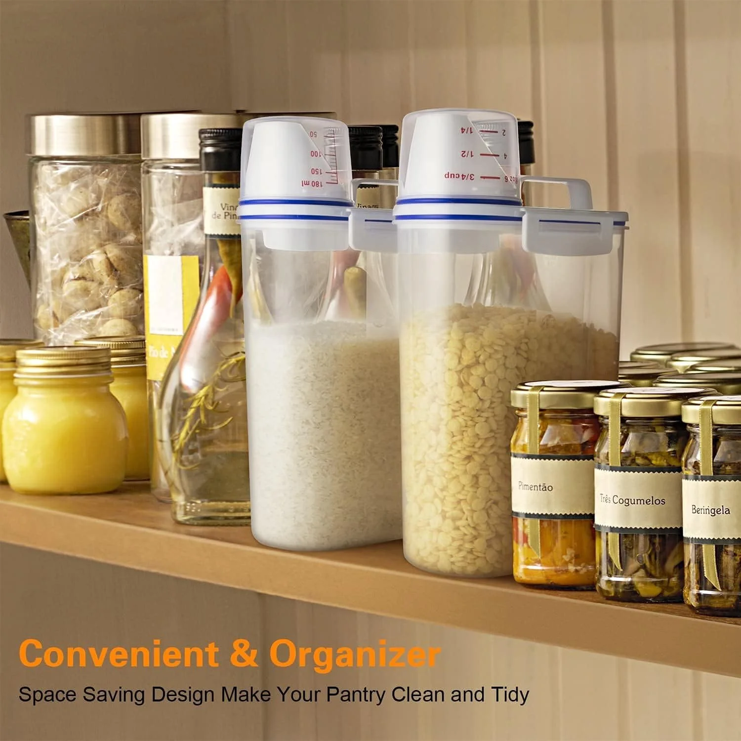 ست ظروف نگهداری غلات پریمیفای 2 عددی | ظرف نگهداری مواد غذایی 2.5 لیتری / 2 کیلوگرمی با درب محکم | سطل/دیسپنسر نگهداری برنج پلاستیکی بدون BPA + پیمانه اندازه گیری و دهانه خروجی