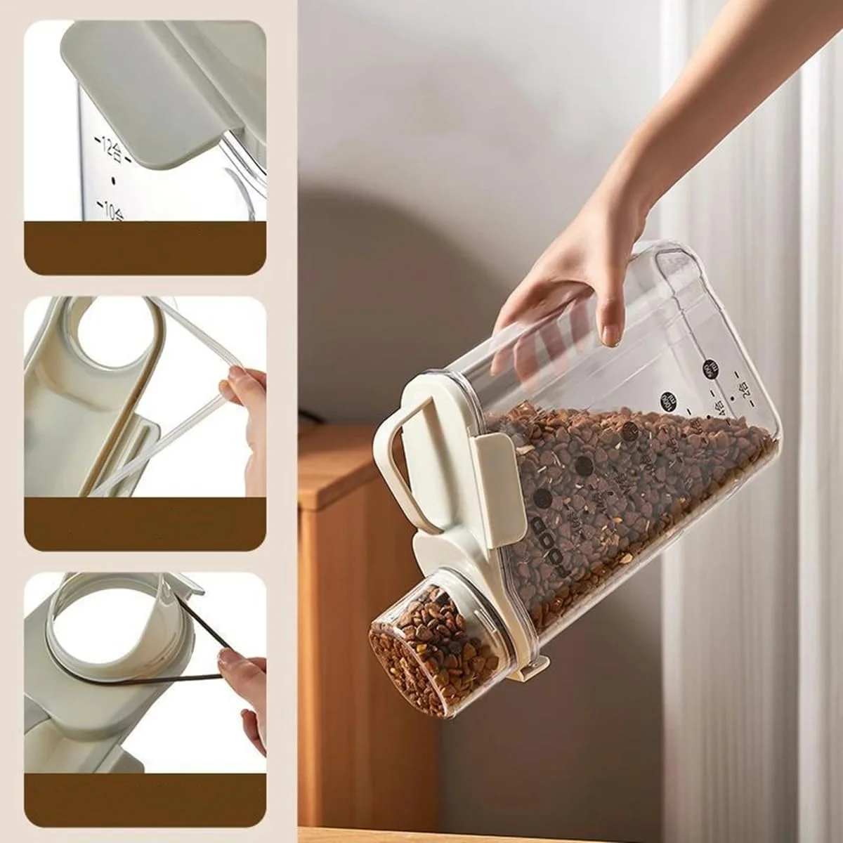 ست ظروف نگهداری غلات، ست 3 عددی ظروف نگهداری غلات | ظرف نگهداری مواد غذایی با کیفیت عالی و درب های محکم با ظرفیت 2.8 لیتر / 2.8 کیلوگرم + پیمانه اندازه گیری و دهانه خروجی | سطل/ظرف پخش کننده برنج پلاستیکی بدون BPA