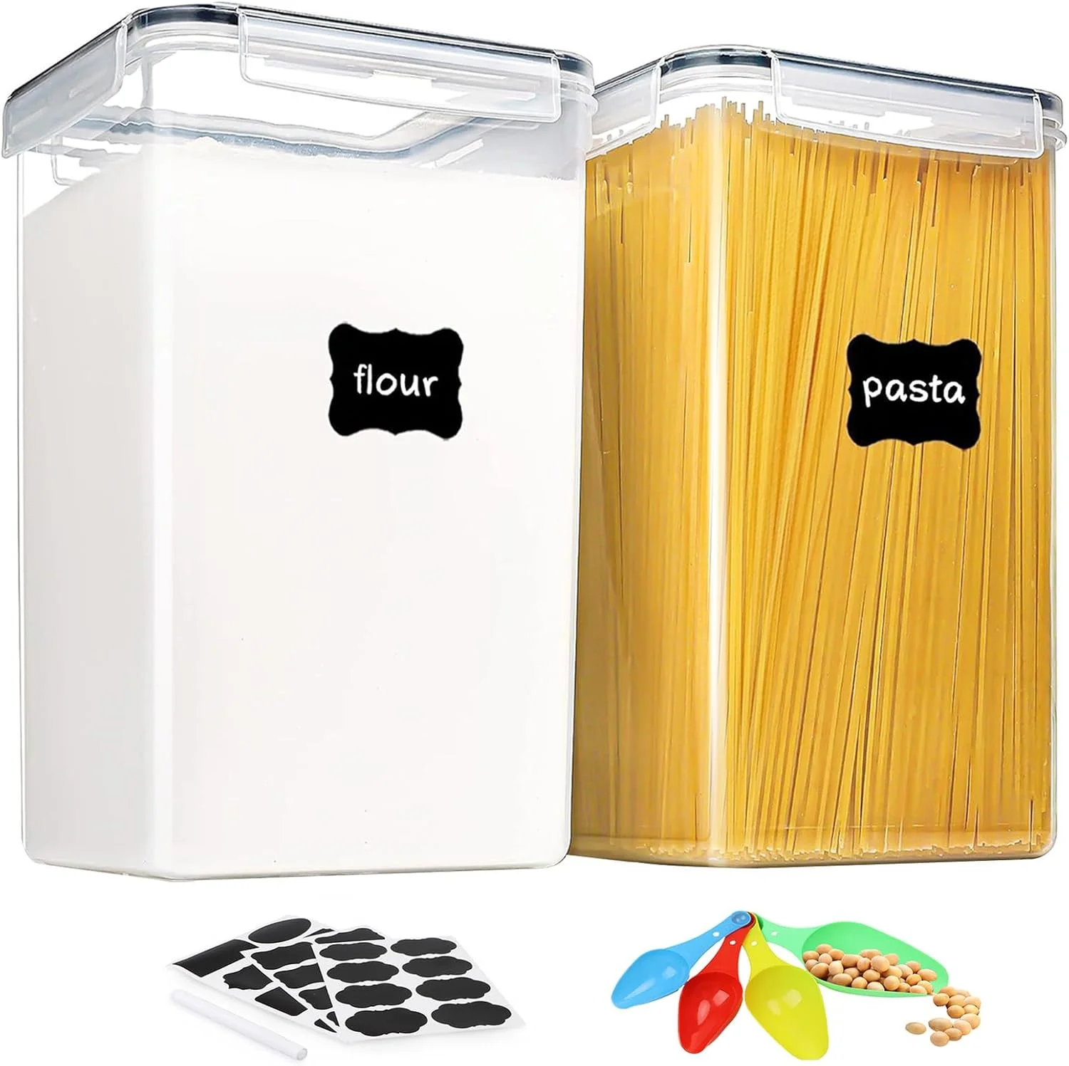 ظروف نگهداری غلات و مواد غذایی خشک 2 عددی، سازمان دهنده آشپزخانه پلاستیکی 6.5 لیتری، جعبه نگهداری مواد غذایی شفاف برای پاستا، شکر، برنج | ظرف بدون BPA با درب های قفل دار برای سازماندهی آشپزخانه