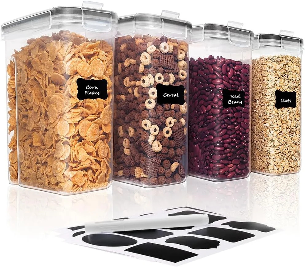 ظروف نگهداری غلات و مواد غذایی خشک Supvox®، سازمان دهنده پلاستیکی آشپزخانه دربسته، با خروجی ریزش و ظرف نگهداری مواد غذایی بدون BPA، برای شکر، آرد، تنقلات، لوازم پخت (4 عدد)