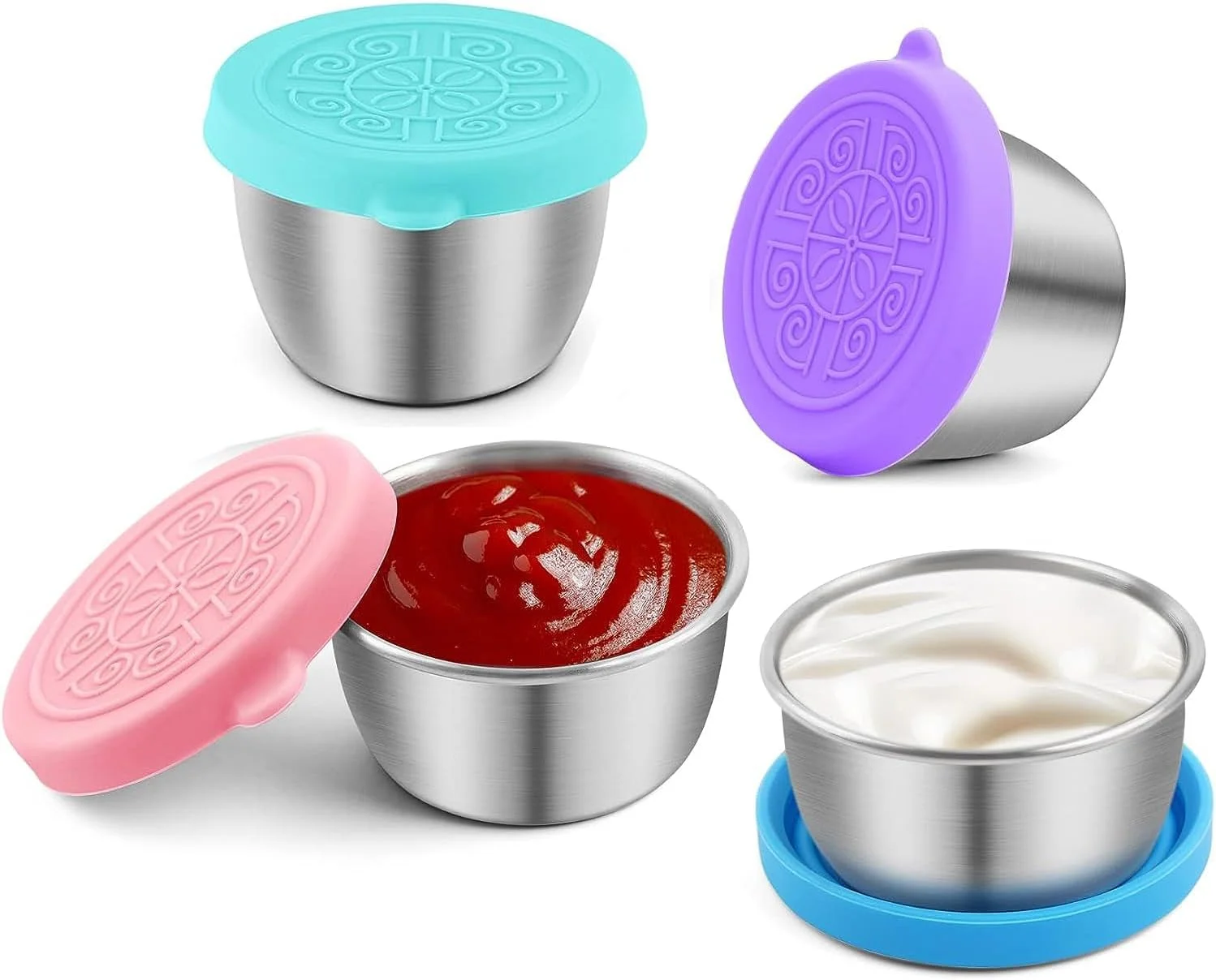 ظرف سس سالاد 4 عددی، ظرف های کوچک چاشنی 50 میلی لیتری با درب، ظرف سس استیل ضد زنگ قابل استفاده مجدد برای جعبه بنتو ناهار، فنجان های سس ضد نشت برای پیک نیک و مسافرت