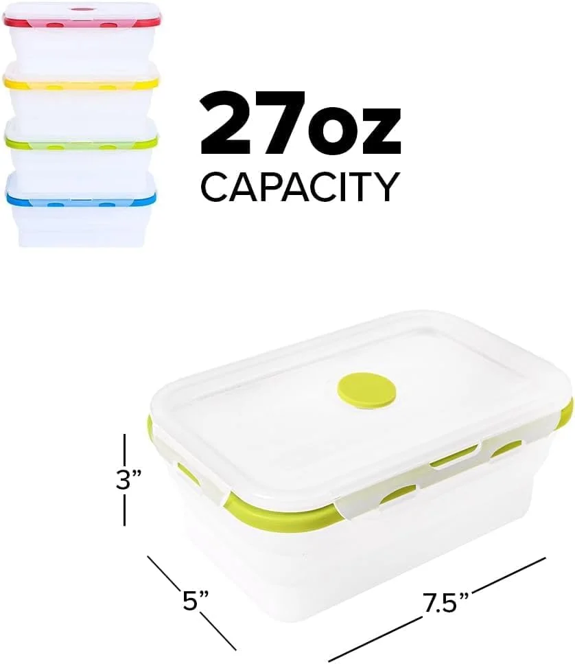 ست 4 عددی ظروف نگهداری غذای سیلیکونی تاشو 800 میلی لیتری Azonee، جعبه ناهار بدون BPA و ضد نشت برای آماده سازی غذا، قابل استفاده در مایکروویو و فریزر، طراحی قابل چیدن