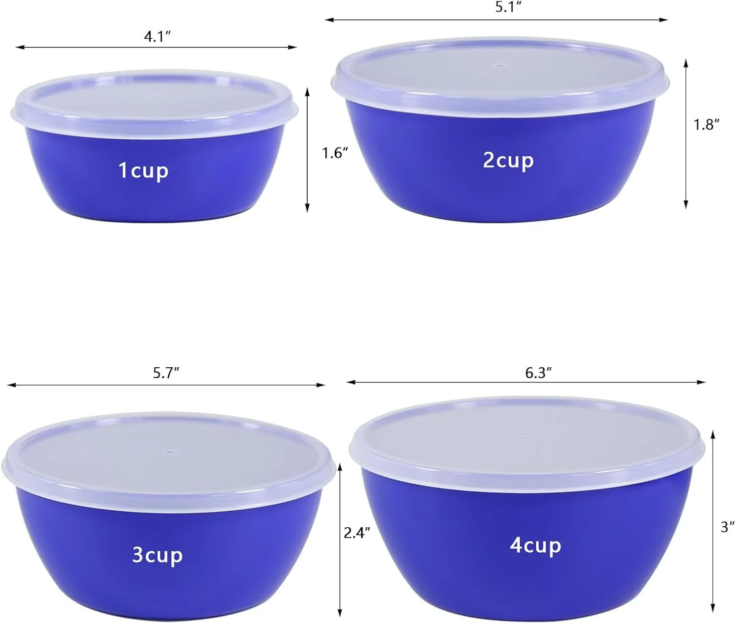 ست 4 کاسه آماده سازی پلاستیکی کلاسیک با درب، ظروف نگهداری مواد غذایی پلاستیکی قابل استفاده مجدد، قابل استفاده در مایکروویو و ماشین ظرفشویی (آبی)