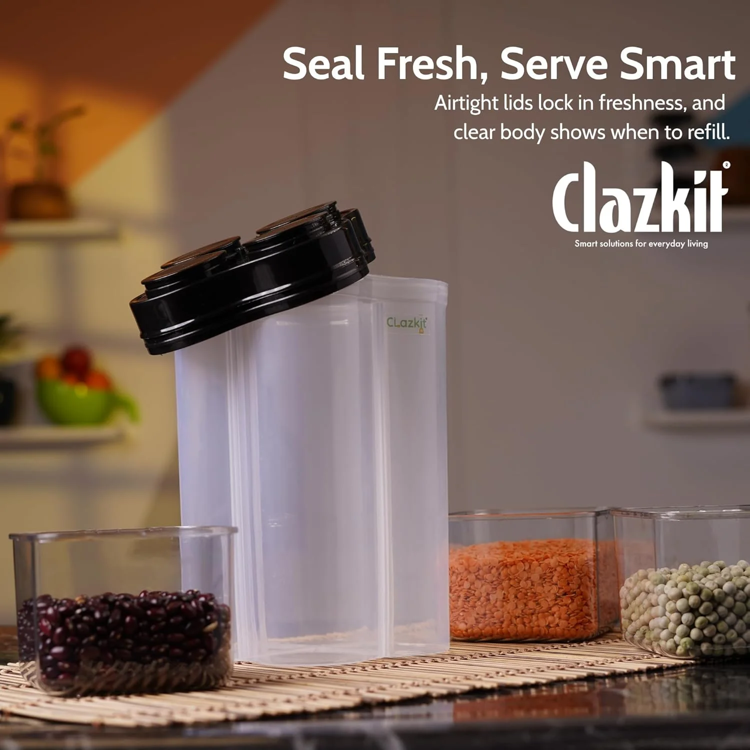 ظرف نگهداری مواد غذایی 4 قسمتی پلاستیکی شفاف Clazkit با قفل هوا، مناسب برای مواد غذایی، یخچال، بسته 1 عددی، 2500 میلی لیتر - مشکی