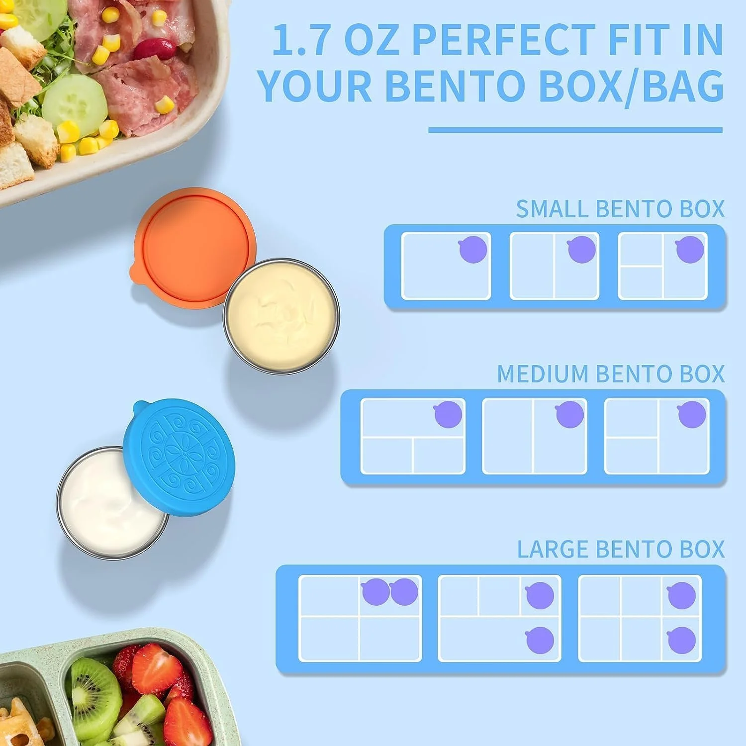 ظرف سس سالاد 4 عددی، ظرف های کوچک چاشنی 50 میلی لیتری با درب، ظرف سس استیل ضد زنگ قابل استفاده مجدد برای جعبه بنتو ناهار، فنجان های سس ضد نشت برای پیک نیک و مسافرت