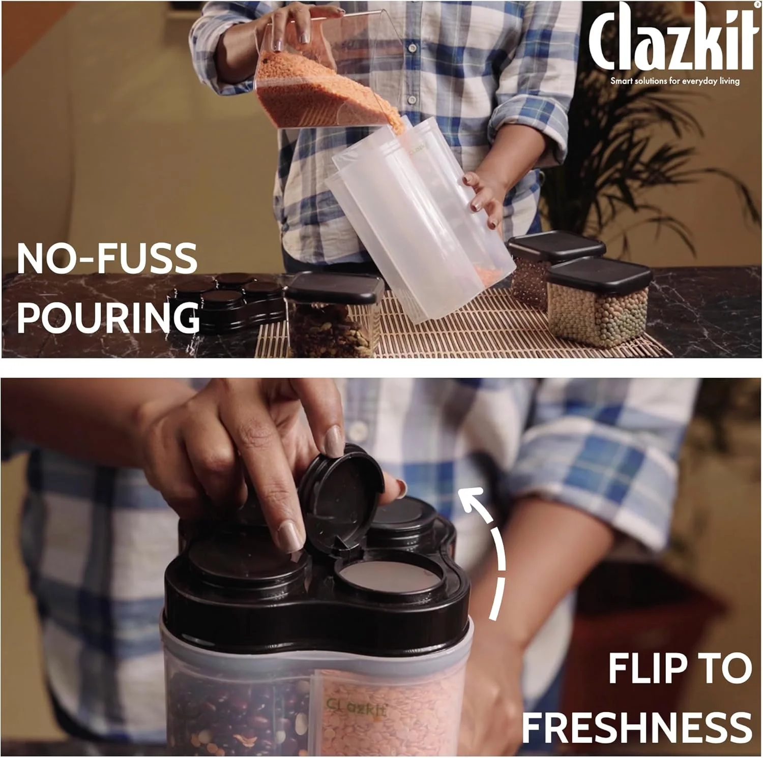 ظرف نگهداری مواد غذایی 4 قسمتی پلاستیکی شفاف Clazkit با قفل هوا، مناسب برای مواد غذایی، یخچال، بسته 1 عددی، 2500 میلی لیتر - مشکی