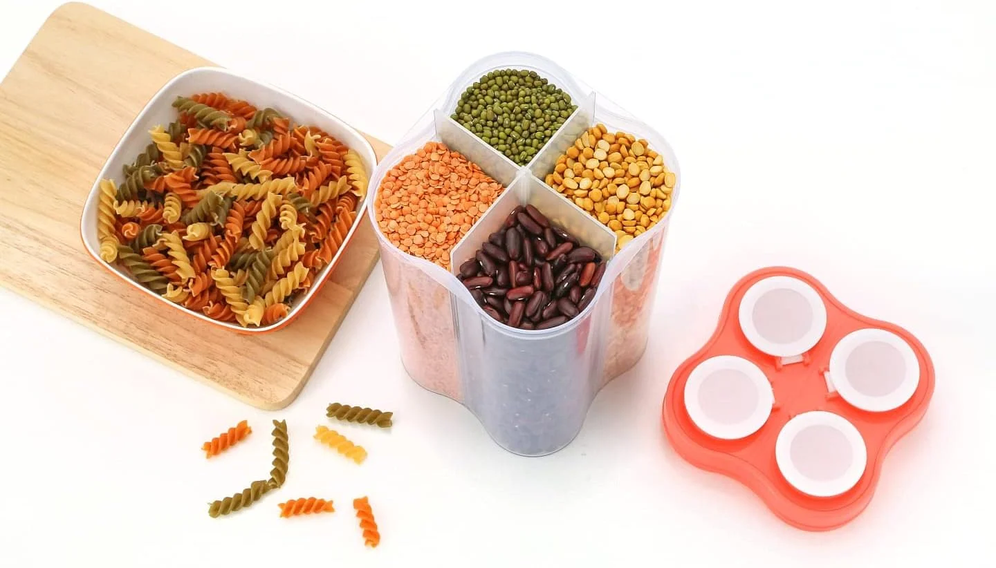 ظرف نگهداری مواد غذایی 4 قسمتی پلاستیکی شفاف Clazkit با درب قفل دار مناسب مواد غذایی، ظرف یخچال، بسته 1 عددی، 2500 میلی لیتر - نارنجی