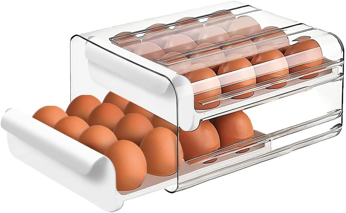 Large Capacity Egg Holder for Refrigerator, Egg Storage Container Organizer Bin, Clear Plastic Storage Container, Egg Fresh Storage Box with Handles, Fresh Storage Box for Fridge (2 Layer) White