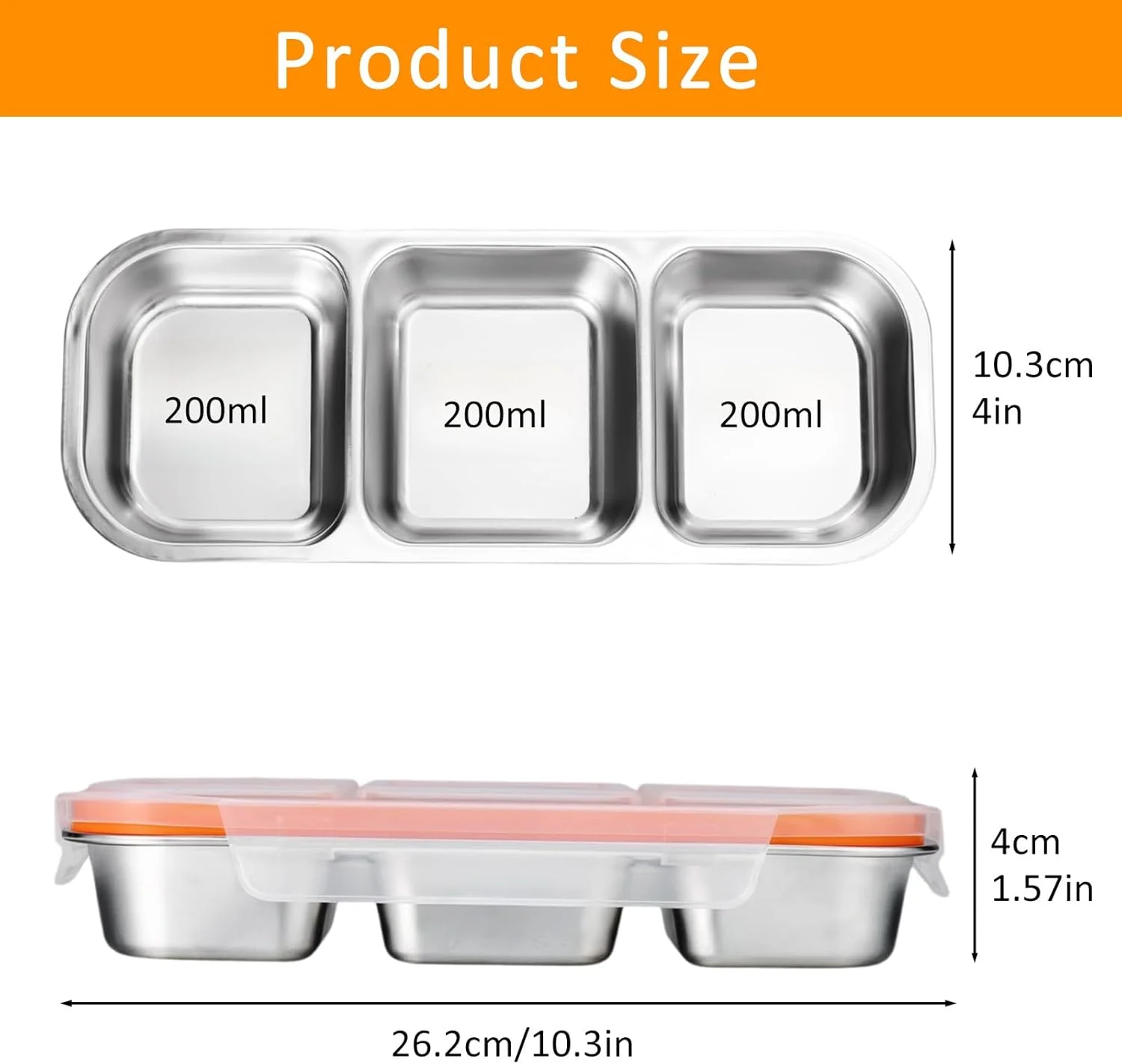 ظرف غذای استیل چوکای، 3 محفظه، 600 میلی لیتر، جعبه غذای ضد نشت با درب، ظرف تقسیم شده قابل استفاده مجدد