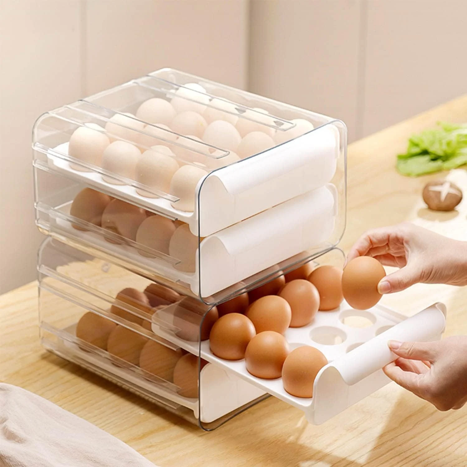 Large Capacity Egg Holder for Refrigerator, Egg Storage Container Organizer Bin, Clear Plastic Storage Container, Egg Fresh Storage Box with Handles, Fresh Storage Box for Fridge (2 Layer) White