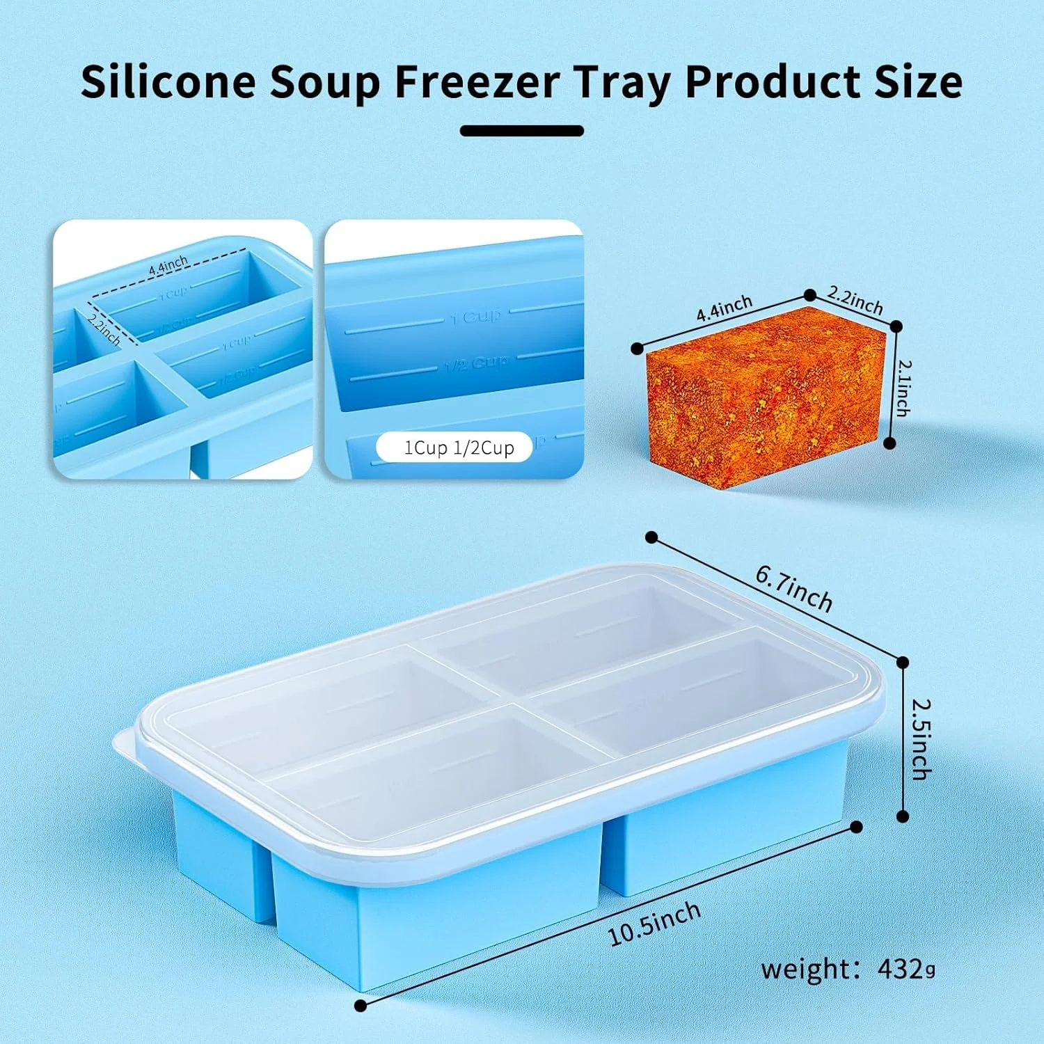 ظروف فریزری سوپ CENXI، سینی های سیلیکونی فریزر با درب، رهاسازی آسان، ظروف نگهداری فریزر قابل استفاده مجدد، برای فریز کردن و نگهداری آبگوشت، سس ها و باقیمانده غذا (آبی - 2 عددی)
