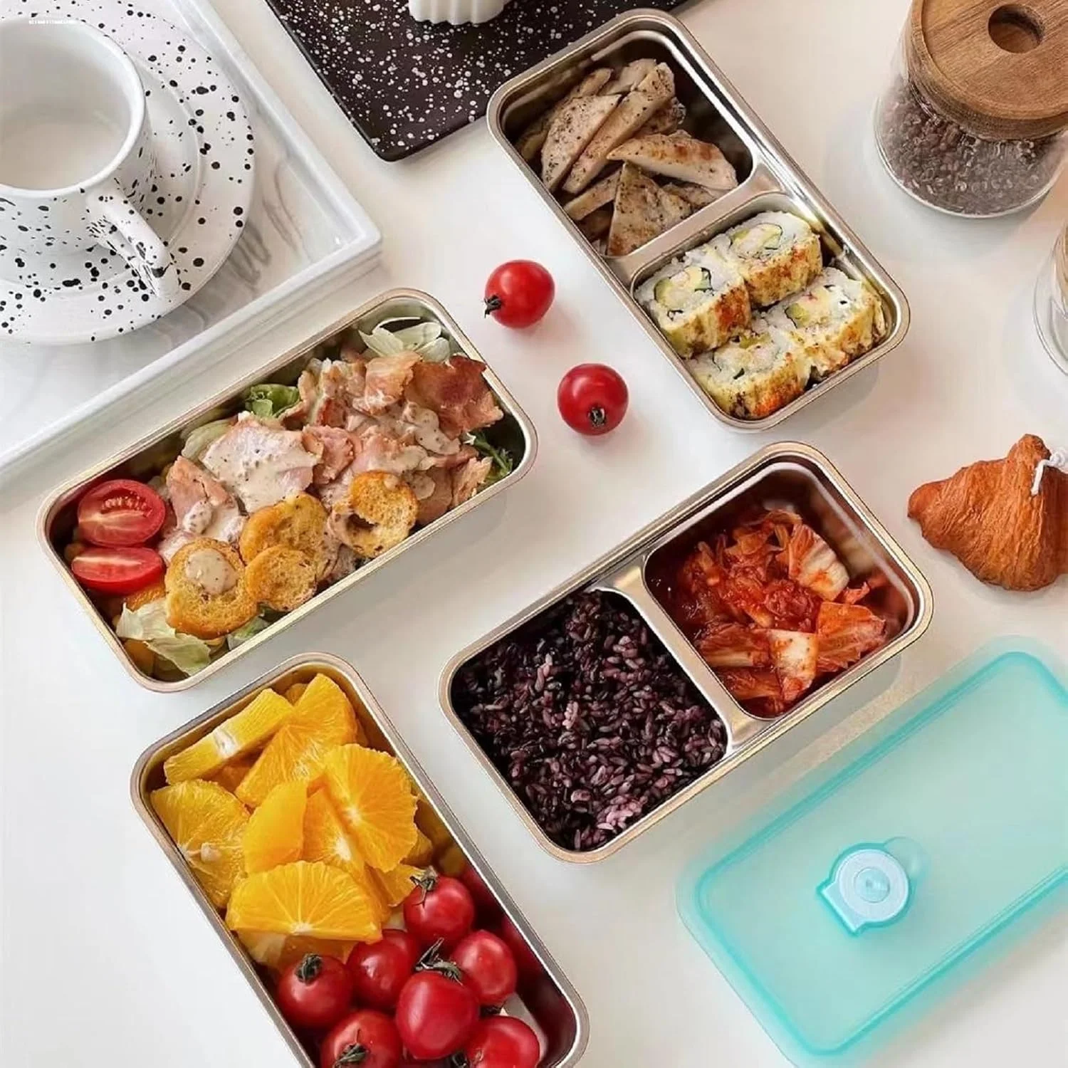 ظروف استیل اسنک چوچای با درب، بسته 4 عددی، دو محفظه ای، ضد نشت، قابل استفاده مجدد