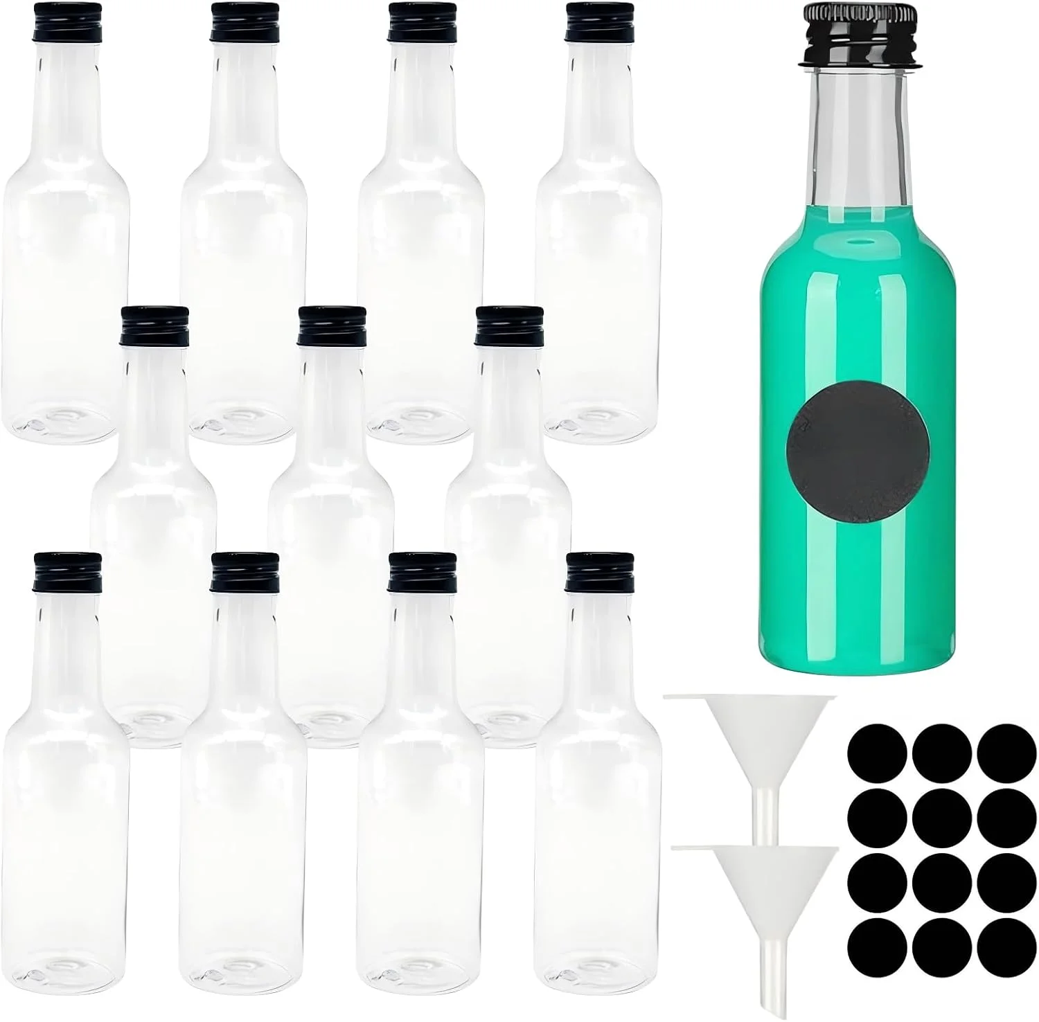 مجموعه 12 عدد بطری کوچک شفاف با درب، بطری نمونه گرد 100 میلی لیتری با قیف، بطری خالی قابل استفاده مجدد، ظروف بطری آب میوه پلاستیکی با برچسب، بطری های پلاستیکی شات زنجبیل (پلاستیک، 100 میلی لیتر)