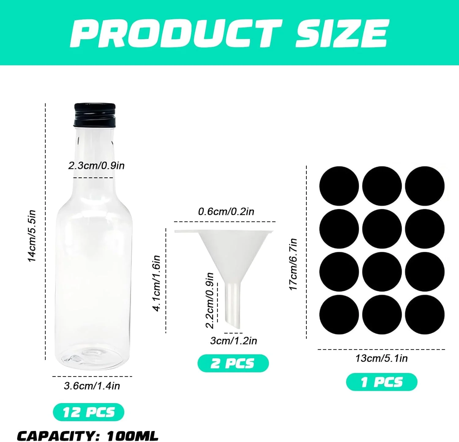 مجموعه 12 عدد بطری کوچک شفاف با درب، بطری نمونه گرد 100 میلی لیتری با قیف، بطری خالی قابل استفاده مجدد، ظروف بطری آب میوه پلاستیکی با برچسب، بطری های پلاستیکی شات زنجبیل (پلاستیک، 100 میلی لیتر)