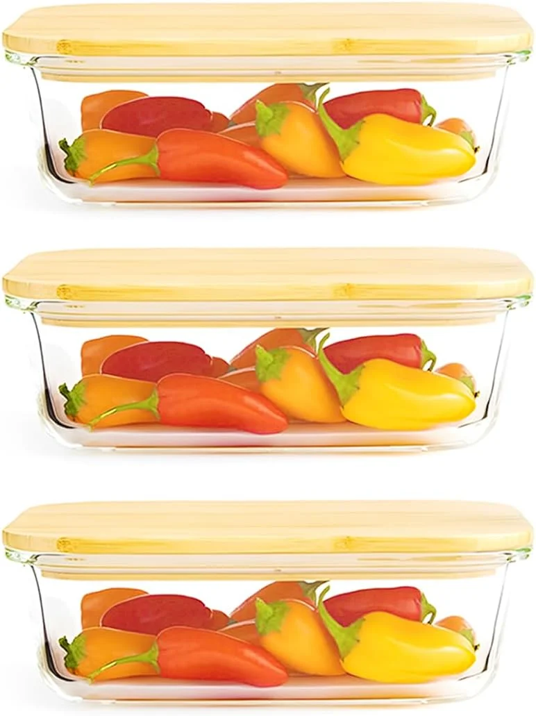 ست 3 تایی ظروف شیشه ای نگهدارنده غذا بلک استون با درب چوبی و حلقه سیلیکونی - محلول نگهداری ضد نشت 1520 میلی لیتری