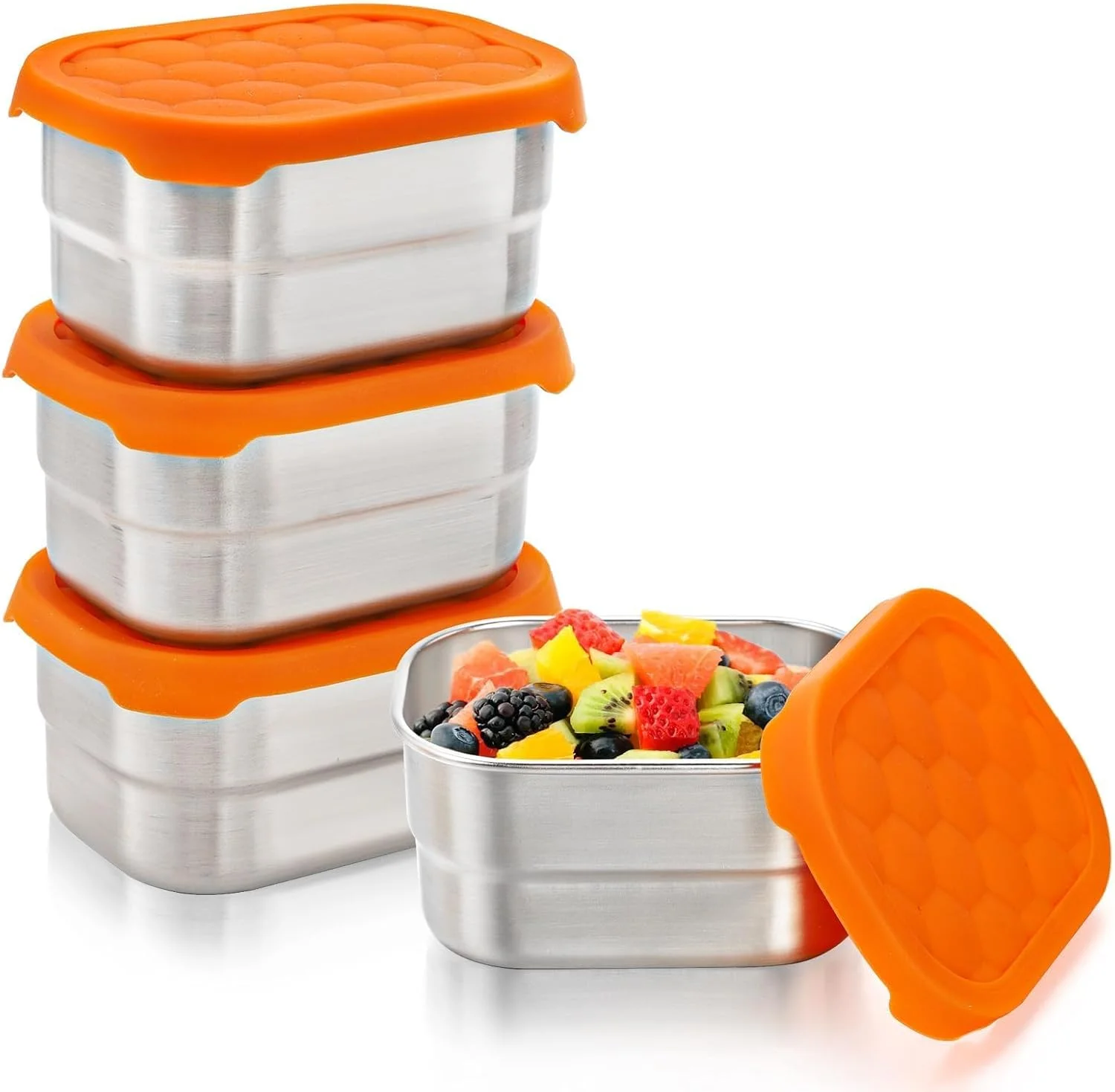 ظروف غذای استیل BIGTHREE، ست 3 تکه با درب سیلیکونی - جعبه اسنک 230 میلی لیتری ضد نشت برای خانه، ناهار کودکان و مسافرت، ظروف نگهداری فلزی بادوام (10x7.6x5 سانتی متر)